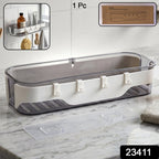 Clear plastic wall shelf with hooks, ideal for organizing bathroom essentials