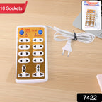 Close-up of the robust 10-way power strip showing individual socket spacing.