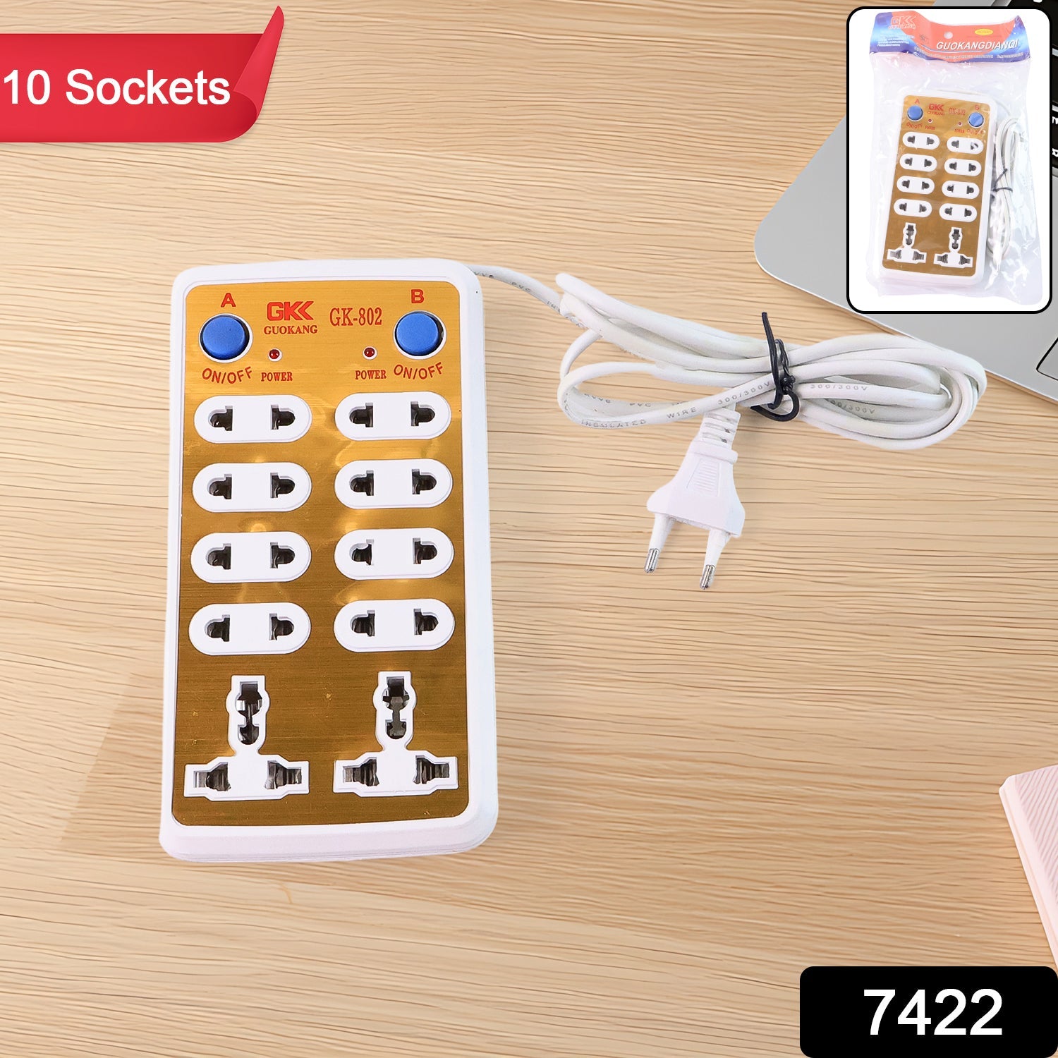 Close-up of the robust 10-way power strip showing individual socket spacing.