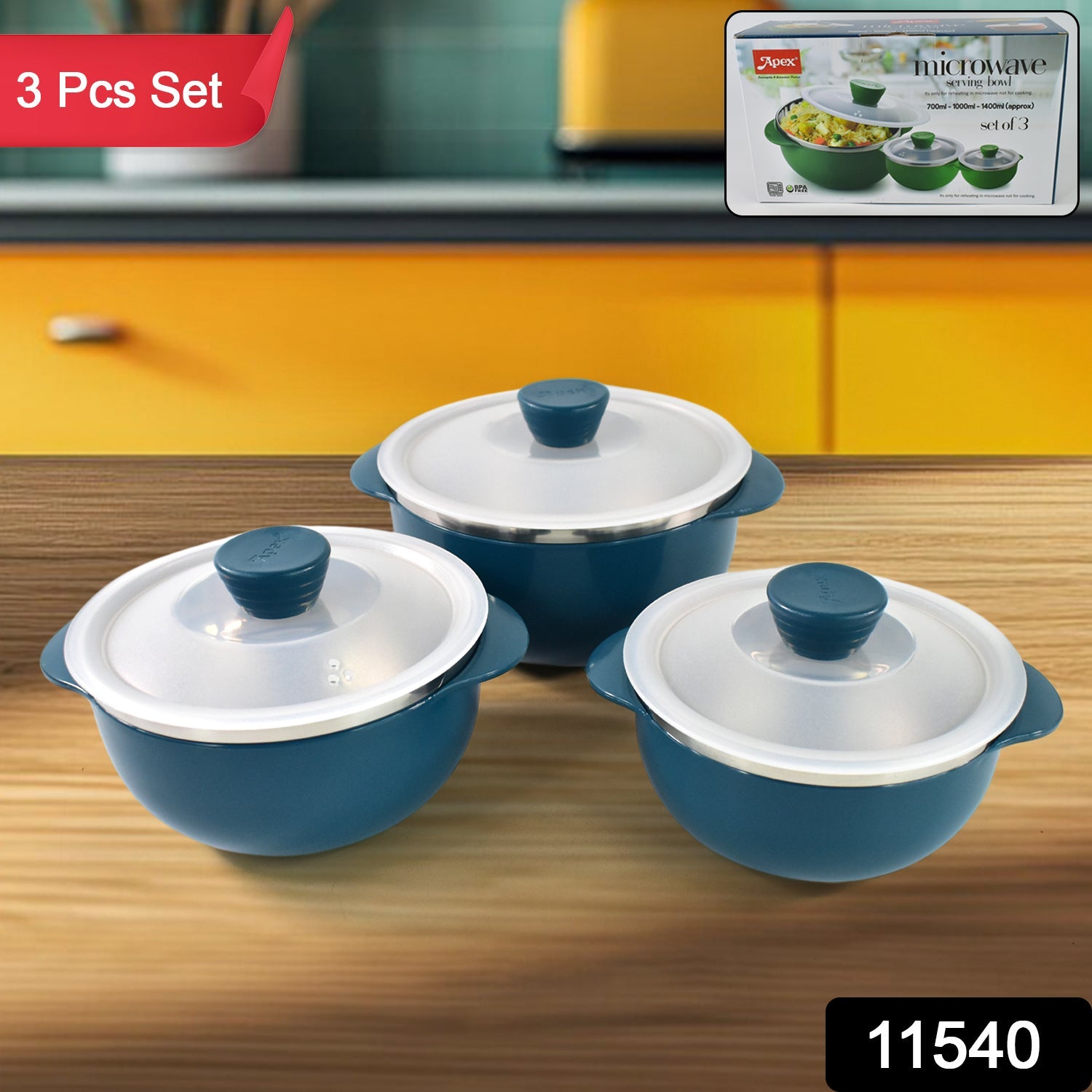 Heat guard microwave-safe three-piece bowl set by Apex with lids