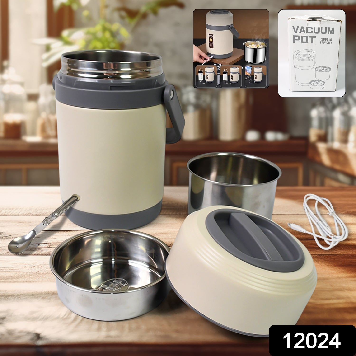 Electric heated tiffin box with included USB cable and reusable cutlery set.
