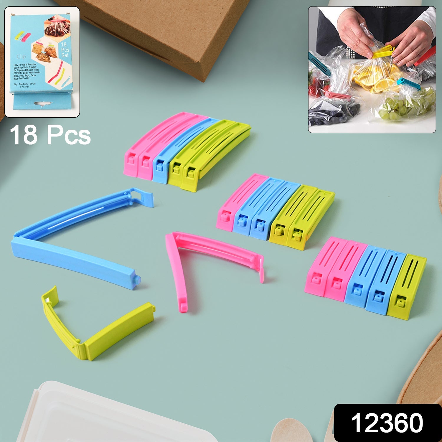 Reusable kitchen plastic pouch sealer clips in assorted sizes and vibrant colors