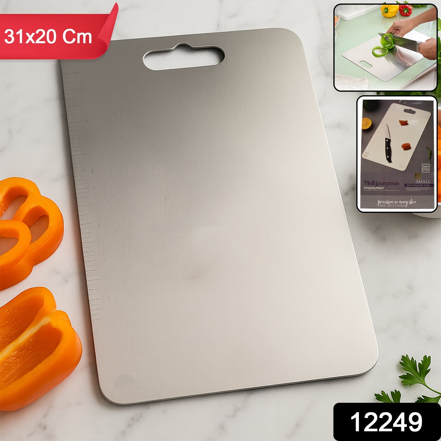 Stainless steel cutting board in use with fresh vegetables being chopped
