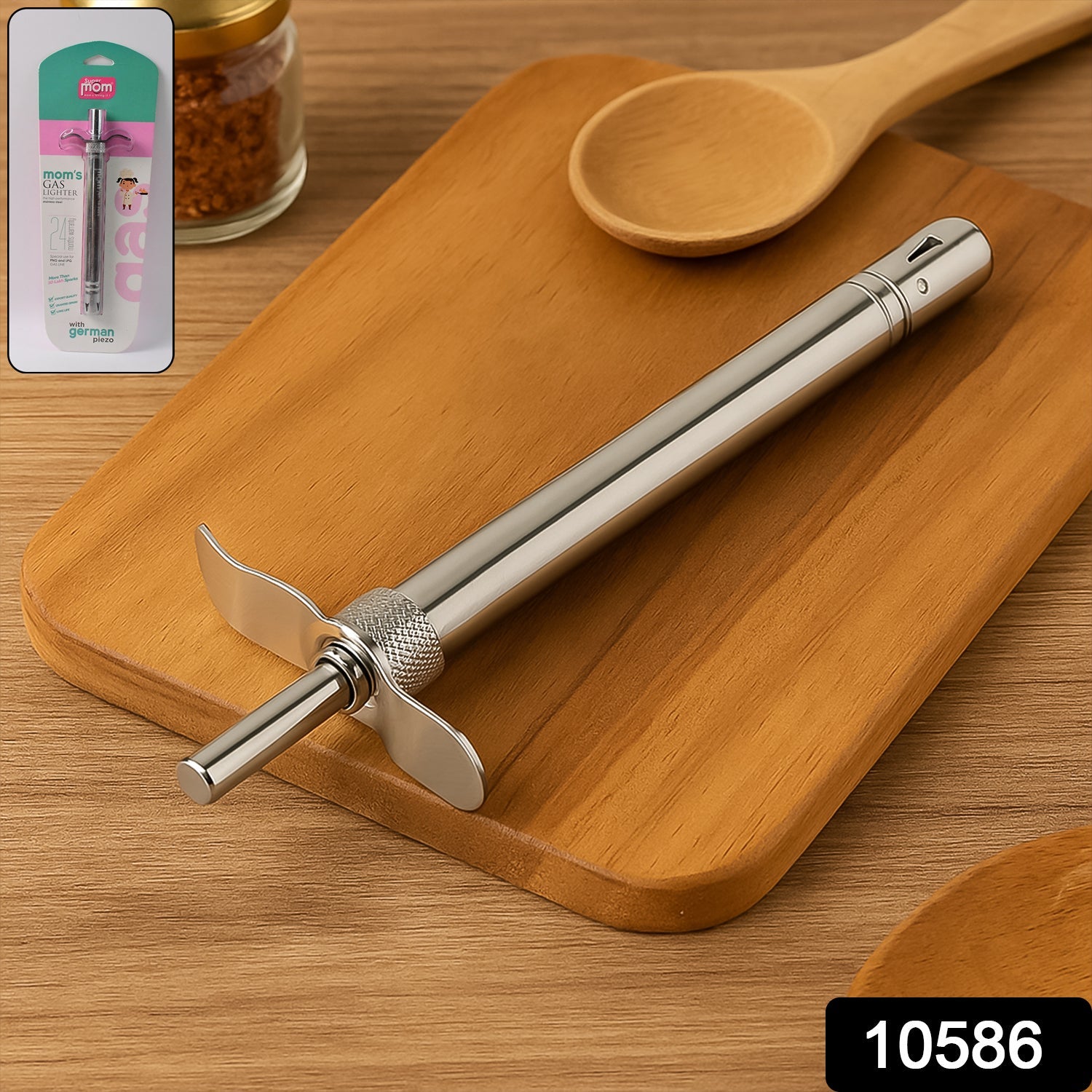 Close-up image of steel gas lighter with ergonomic handle for reliable kitchen use