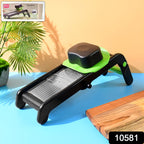 Close-up of adjustable slicer showing stainless steel blade design