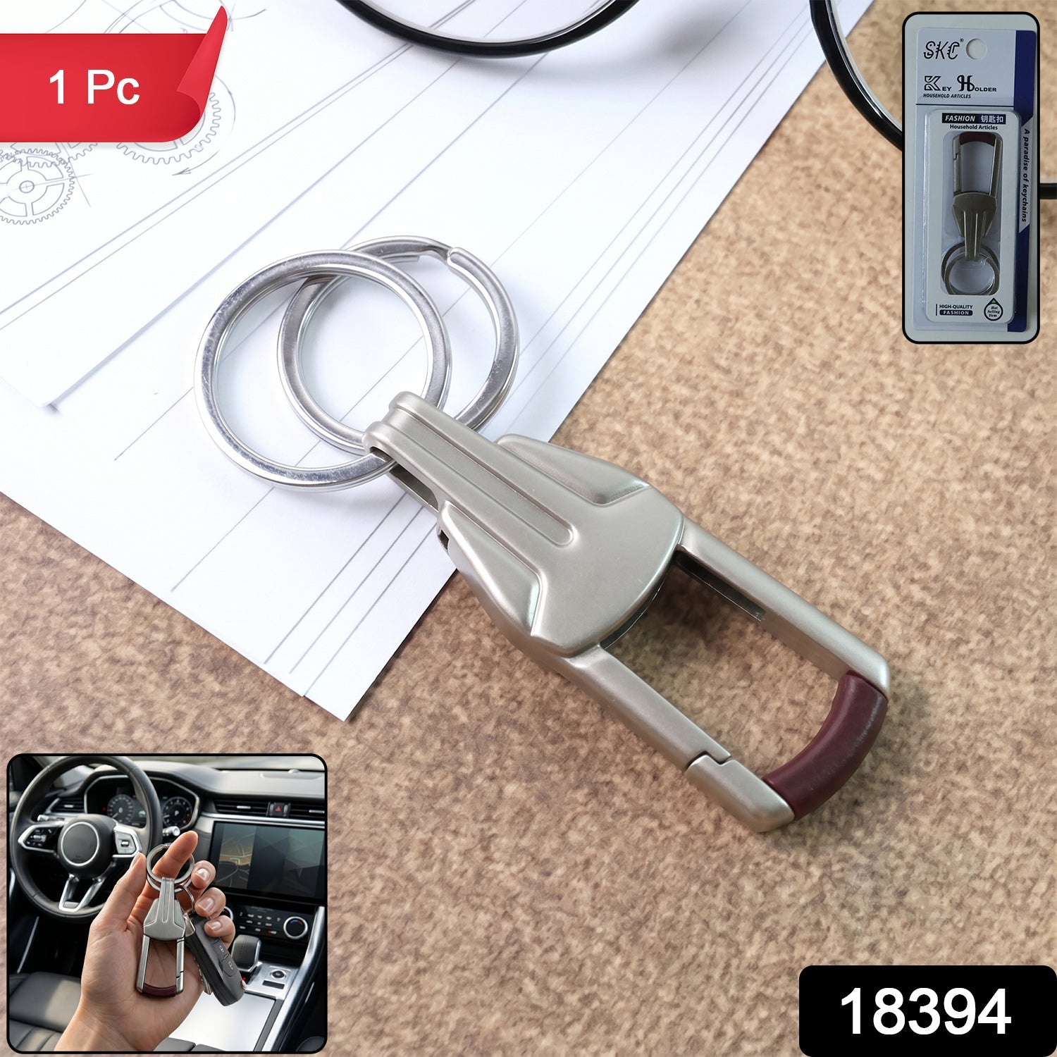Close-up of durable metal alloy key holder with dual key rings and locking clip
