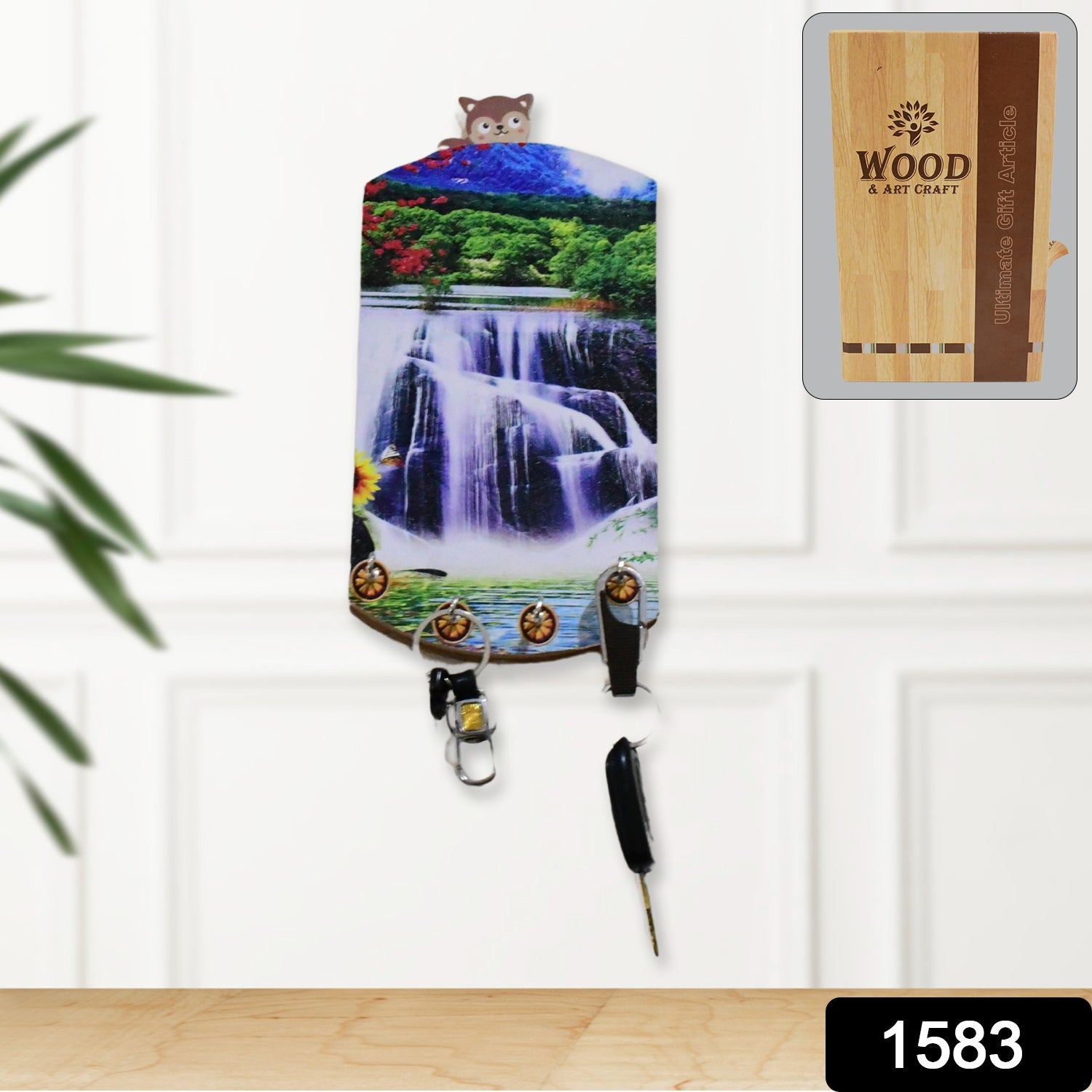 Close-up of the GlimmerHome wooden wall decor featuring hooks and abstract art.