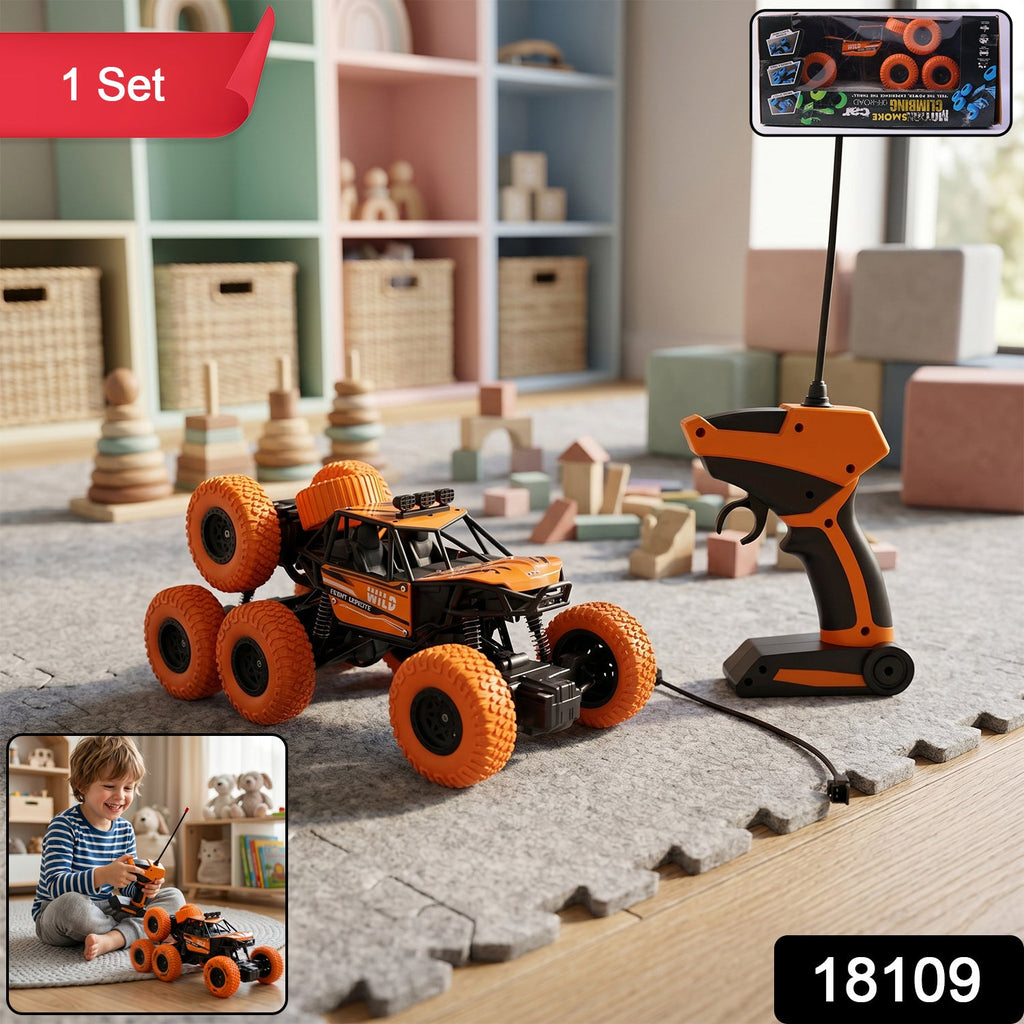 Spark Tots RC Off-Road Car conquering a rocky path, highlighting its all-terrain capabilities.