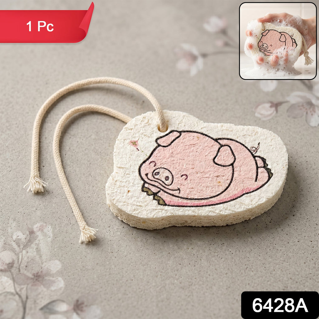 Close-up of a cartoon bath scrubber sponge with hanging rope.