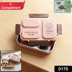 Opened 3-compartment stainless steel lunch box containing fresh separate meals