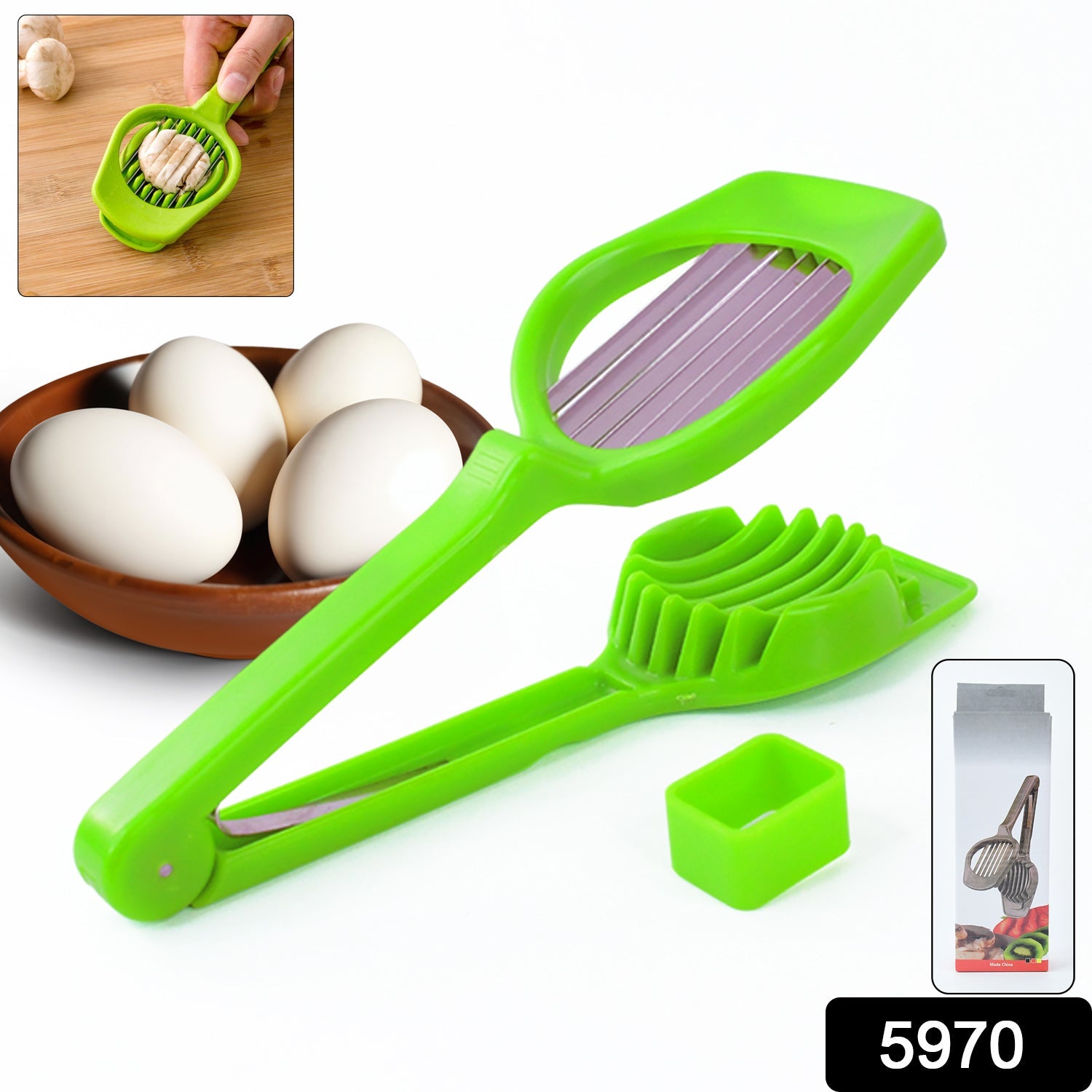 ChefAura Multipurpose Slicer demonstrating its versatile design for fruits, eggs, and vegetables.