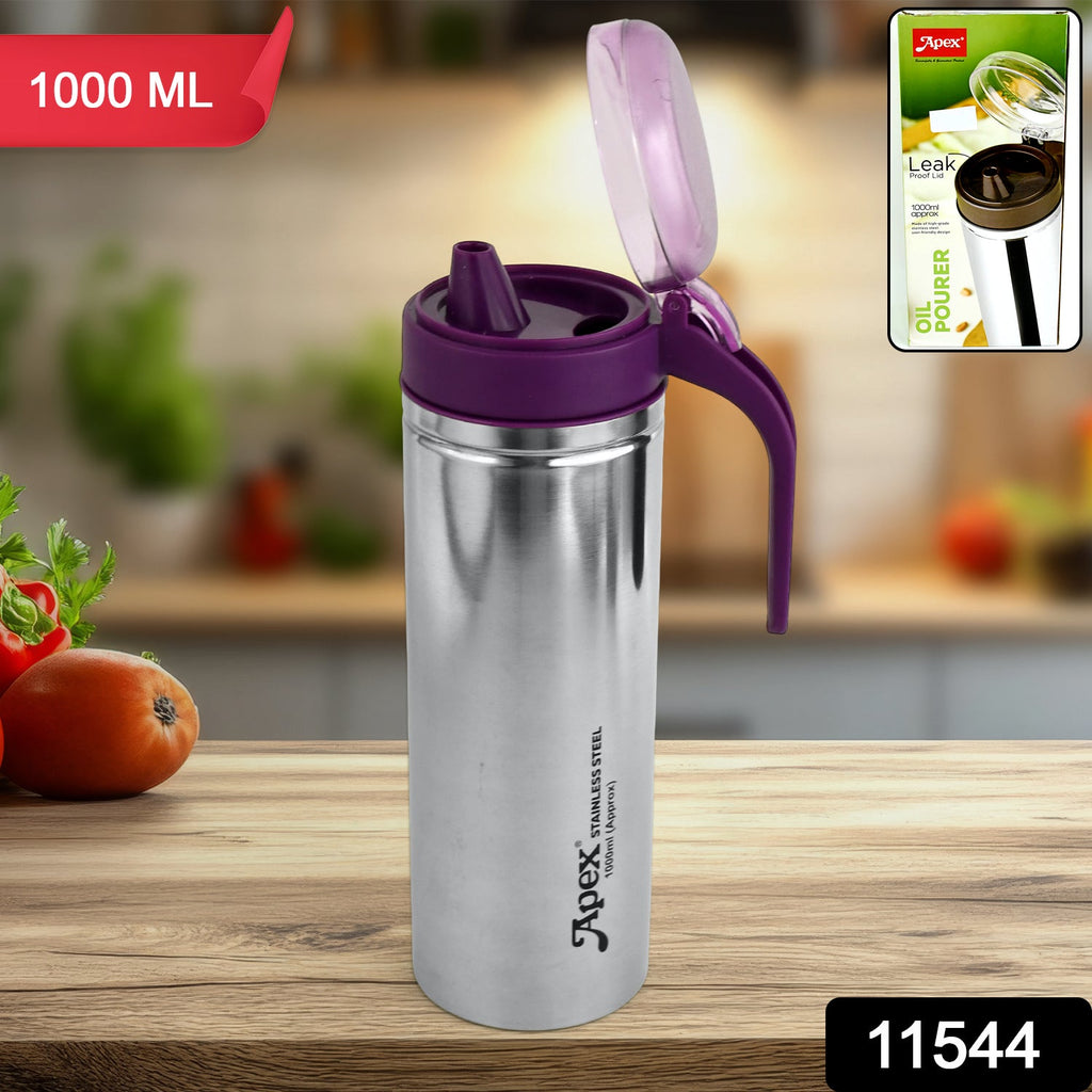 Glossy stainless steel oil pourer container showing sleek cylindrical body
