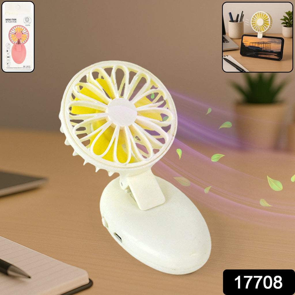Mini USB fan securely attached to a mobile phone stand, ideal for hands-free use.