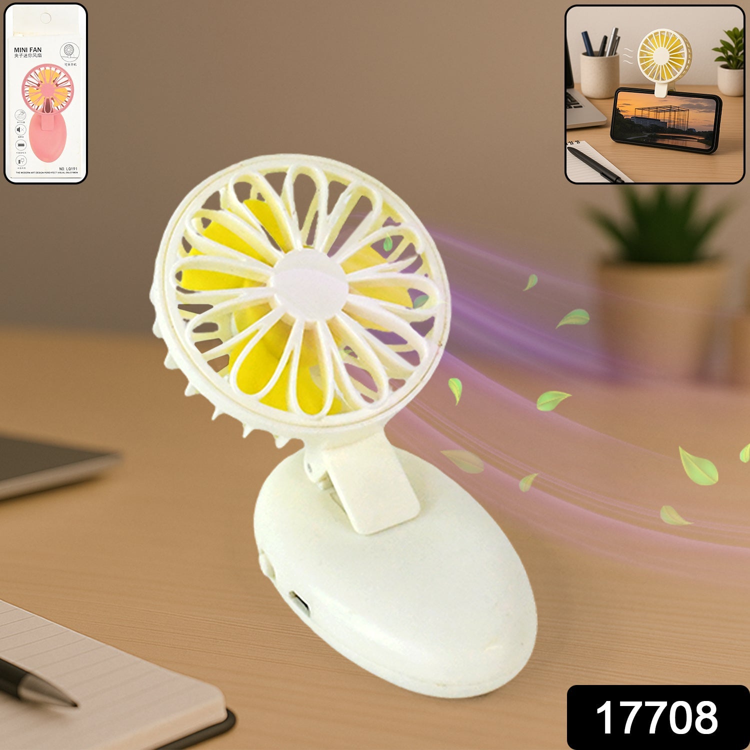 Mini USB fan securely attached to a mobile phone stand, ideal for hands-free use.