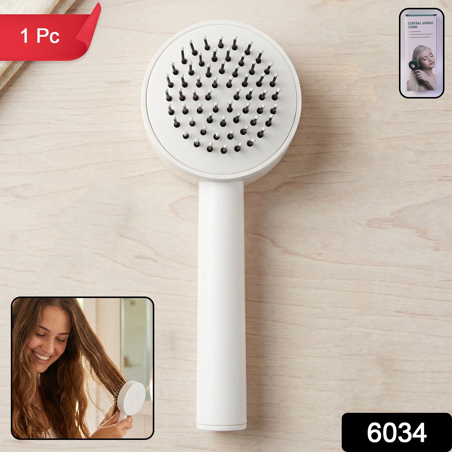Features of the Self-Cleaning Hair Brush including detangling bristles and air cushion.