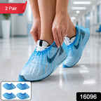 Single waterproof blue disposable shoe cover showing elastic opening.