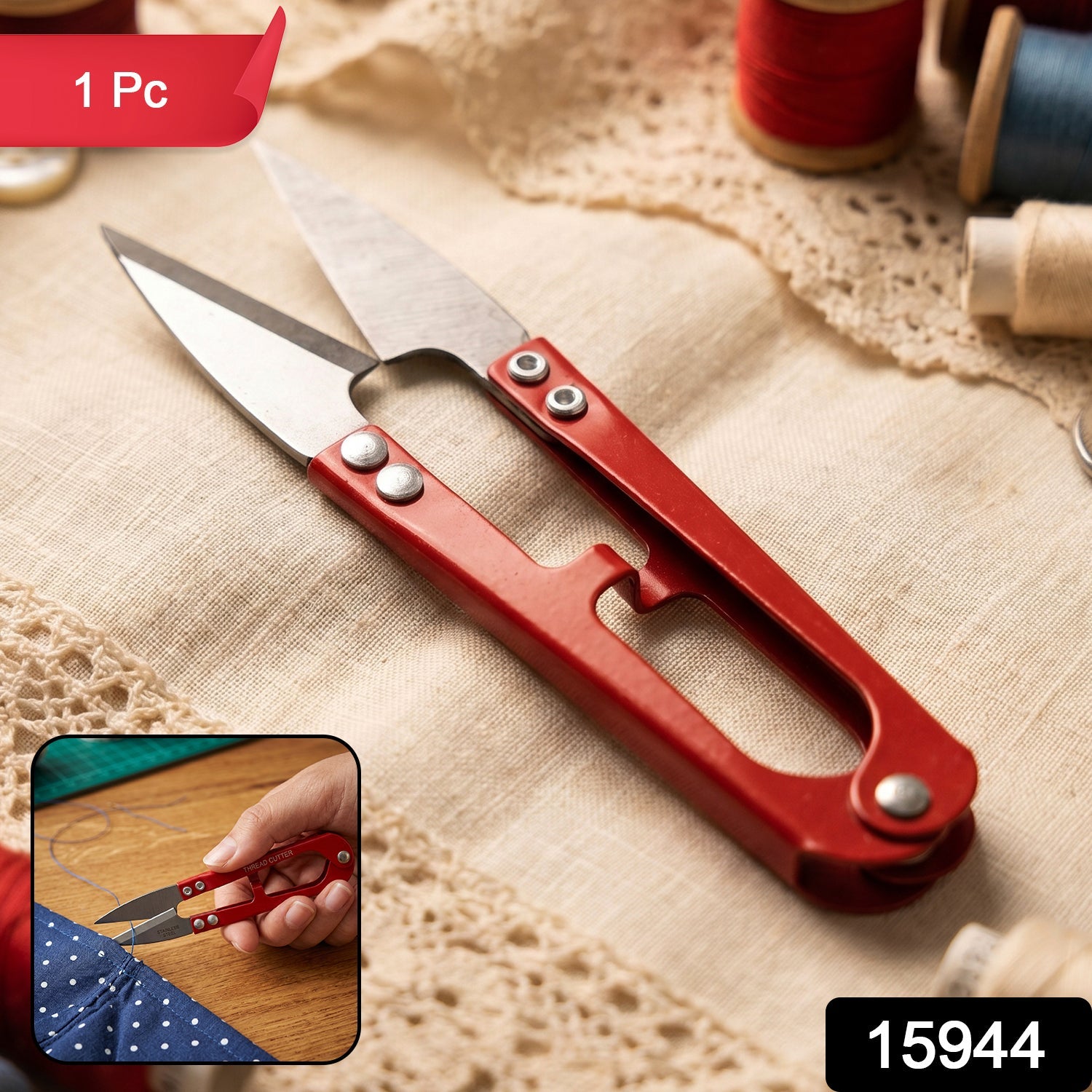 Thread cutter scissors trimming fabric in sewing and crafting