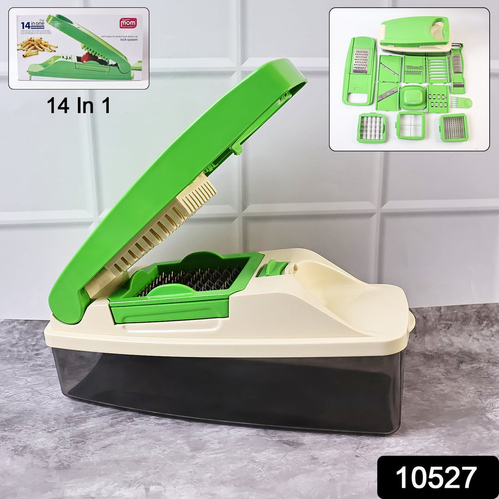 Multipurpose vegetable and fruit chopper showing multiple stainless steel blades
