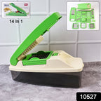 Multipurpose vegetable and fruit chopper showing multiple stainless steel blades