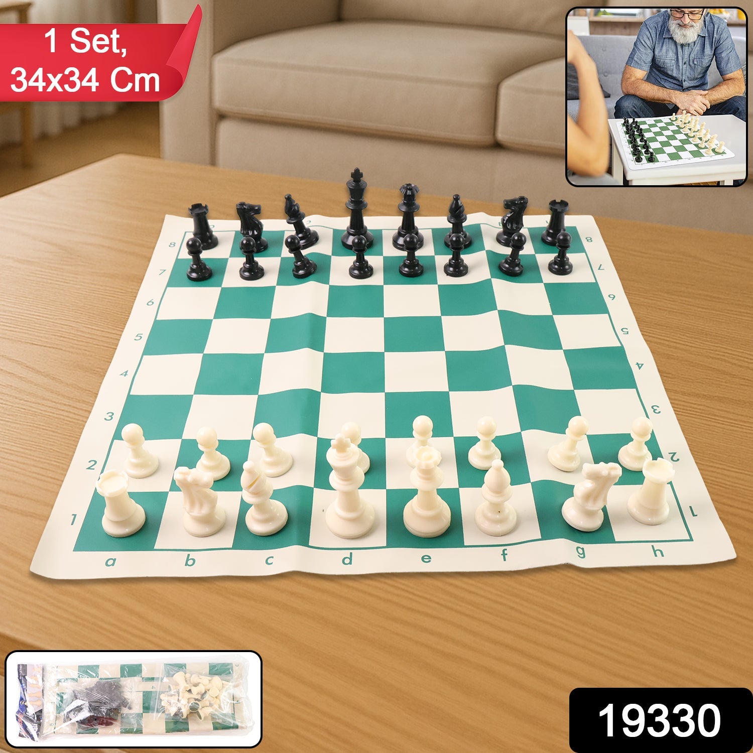 Foldable pocket chess set with roll-up vinyl board and plastic pieces