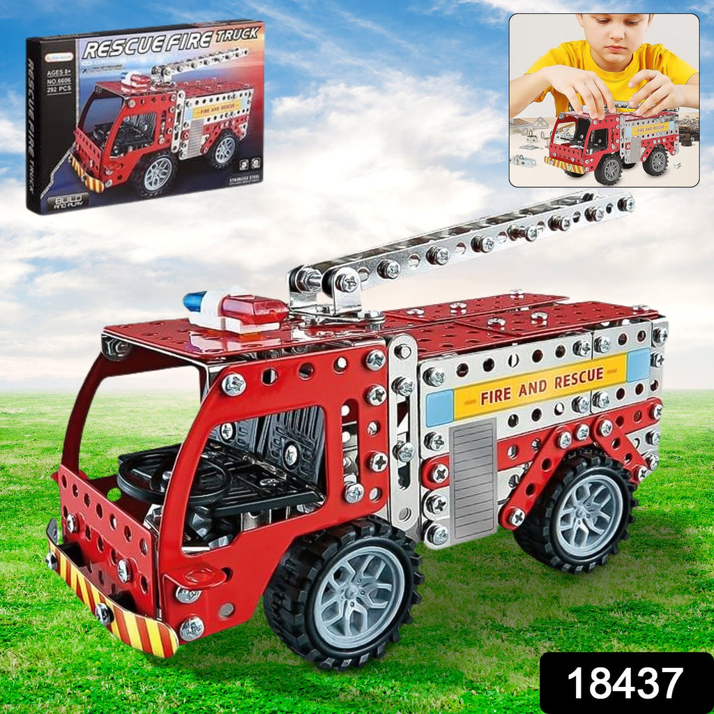 Detailed view of metal parts and tools for the DIY Fire Truck Building Blocks kit.