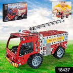 Detailed view of metal parts and tools for the DIY Fire Truck Building Blocks kit.