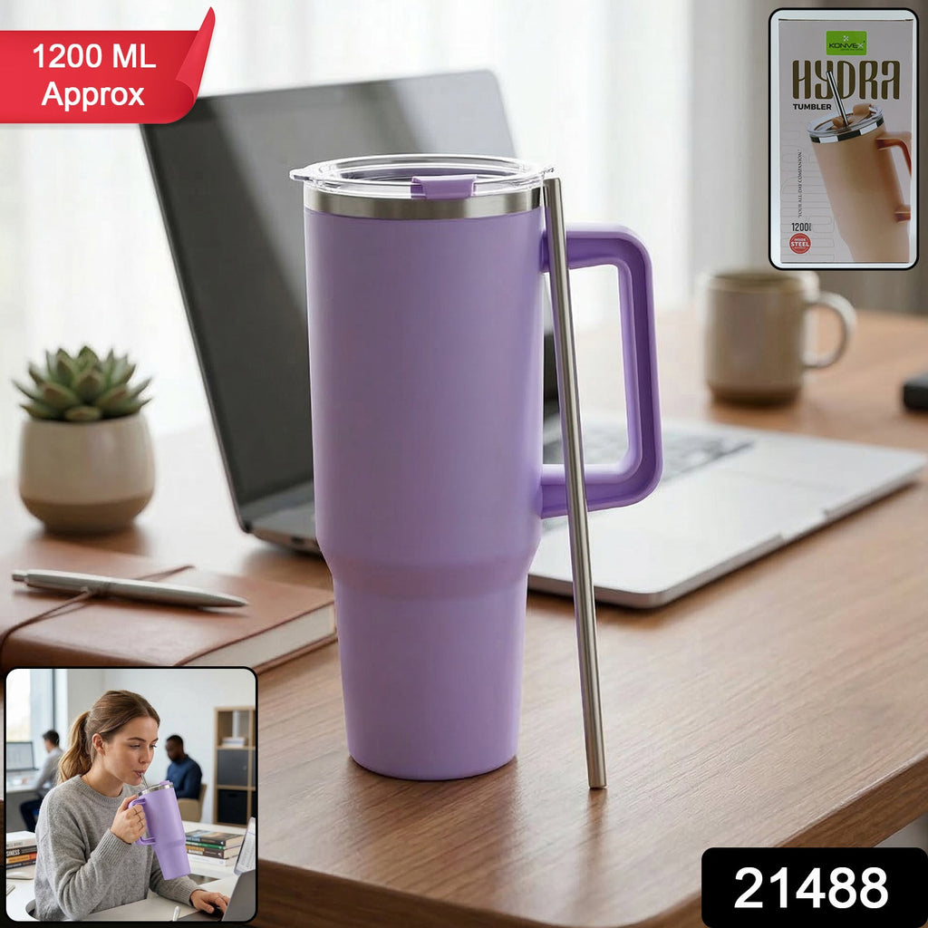 Steel travel insulated tumbler mug with handle and straw