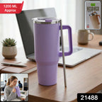 Steel travel insulated tumbler mug with handle and straw