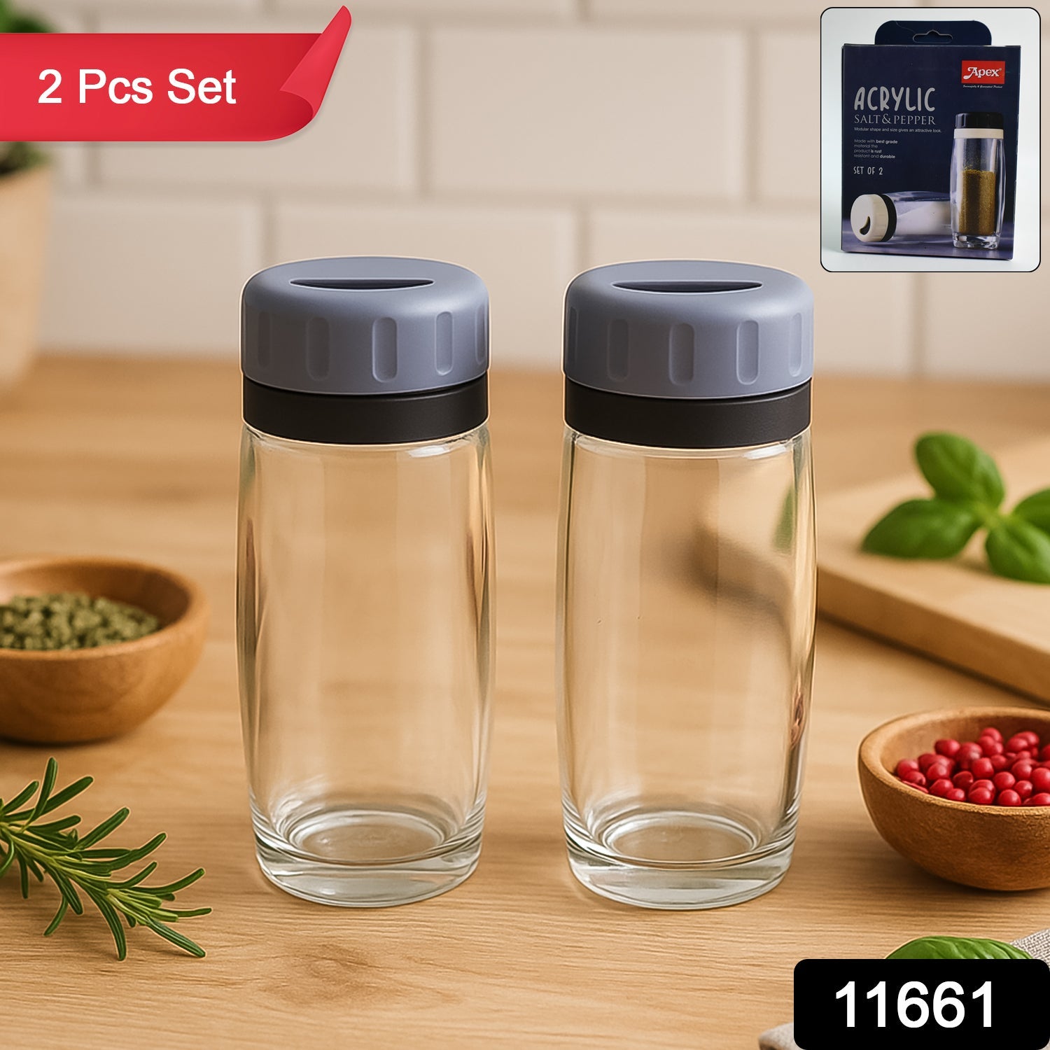 Two clear acrylic Apex salt and pepper shakers perfect for kitchen countertops and dining tables