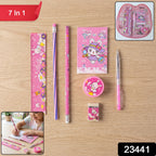 Colorful kids stationery set with ruler, pen, notebook, and stickers