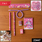 Complete pink kids stationery kit with notebook, pencils, and sharpener