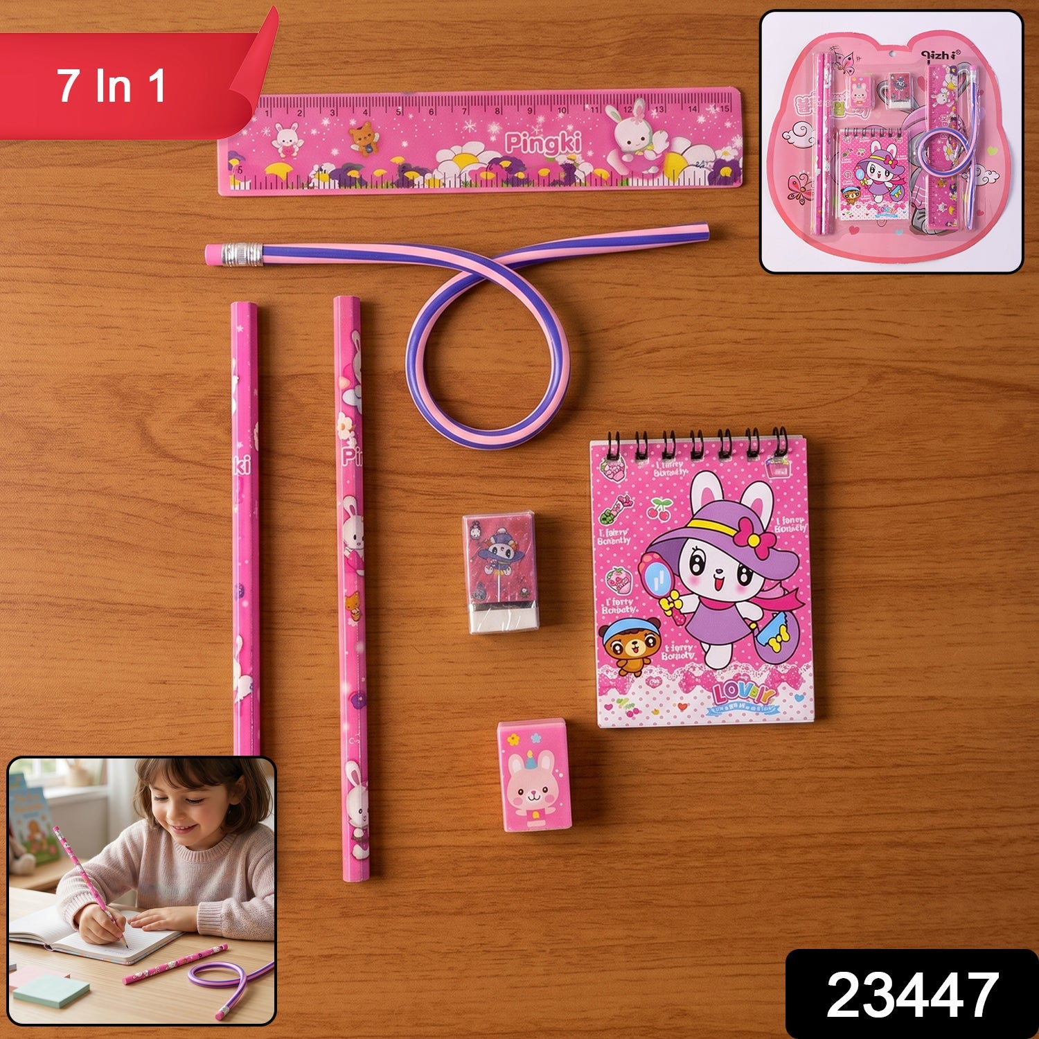 Complete pink kids stationery kit with notebook, pencils, and sharpener