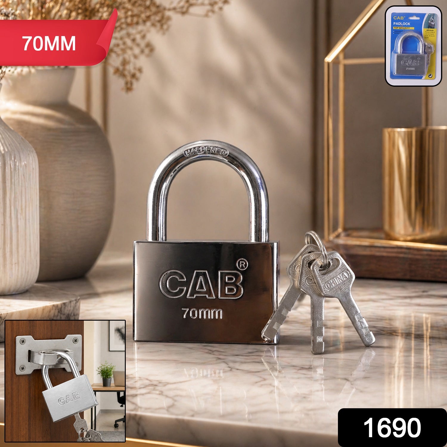 Close-up view of the hardened shackle and robust body of the Heavy Steel Padlock.