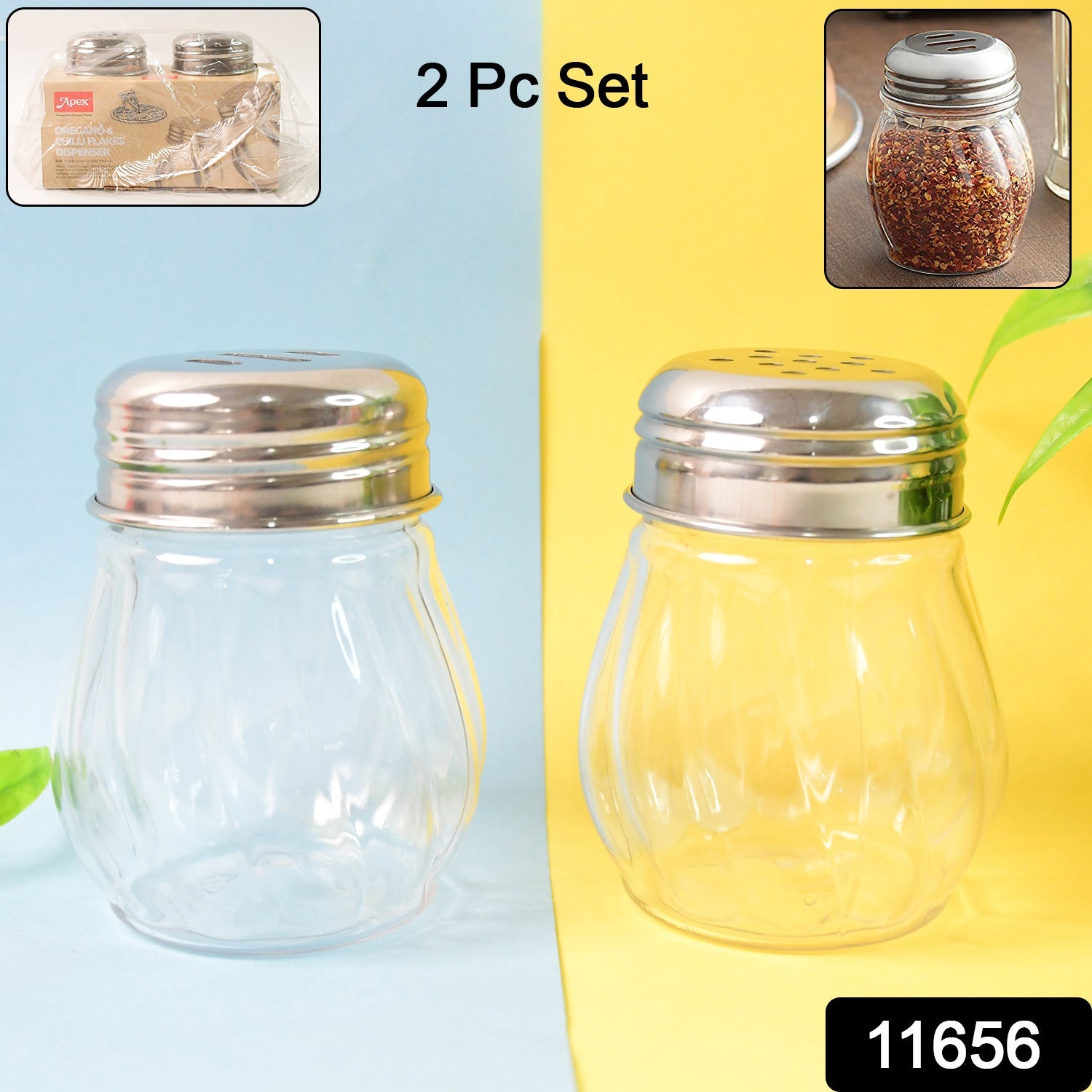 Two spice shakers in Oregano and Chilli Flakes set showing easy pour spout lids