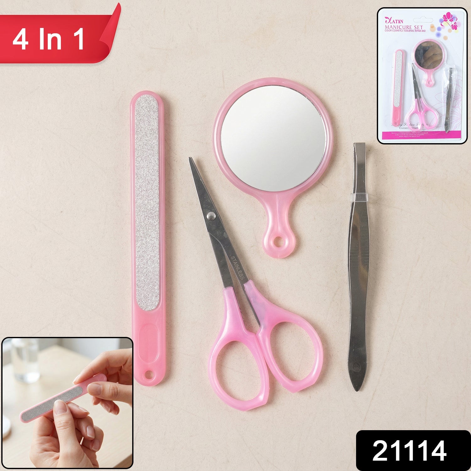Nail grooming tool set including tweezers and mirror
