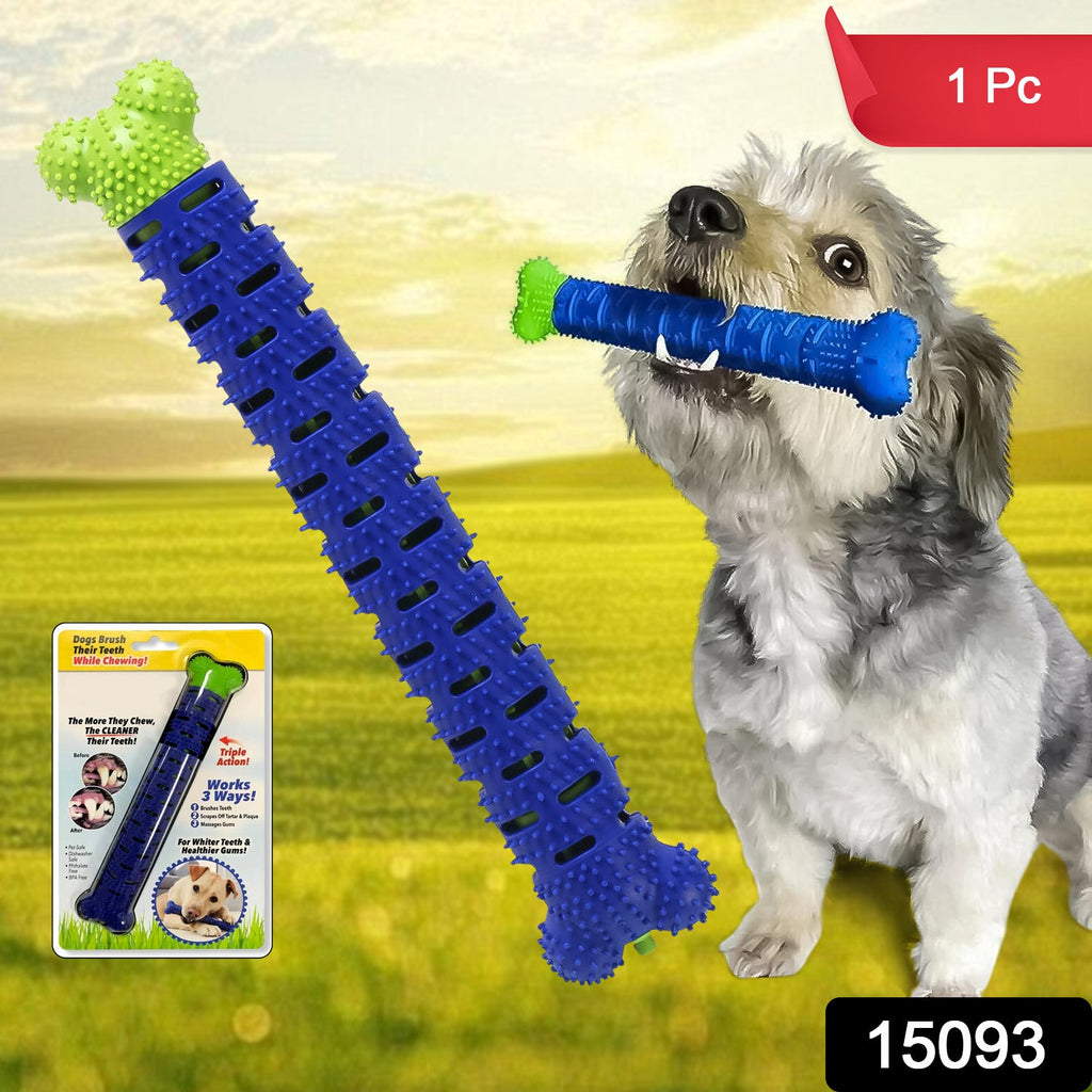 A happy dog actively chewing on the dental toothbrush toy for oral hygiene.