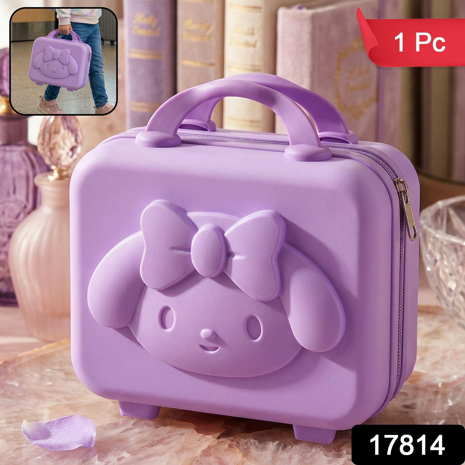 Kids bear hard shell carry case with handle and embossed bear face in pastel colors