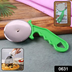 Close-up view of the sharp stainless steel wheel and comfortable handle of the Quickslice pizza cutter.
