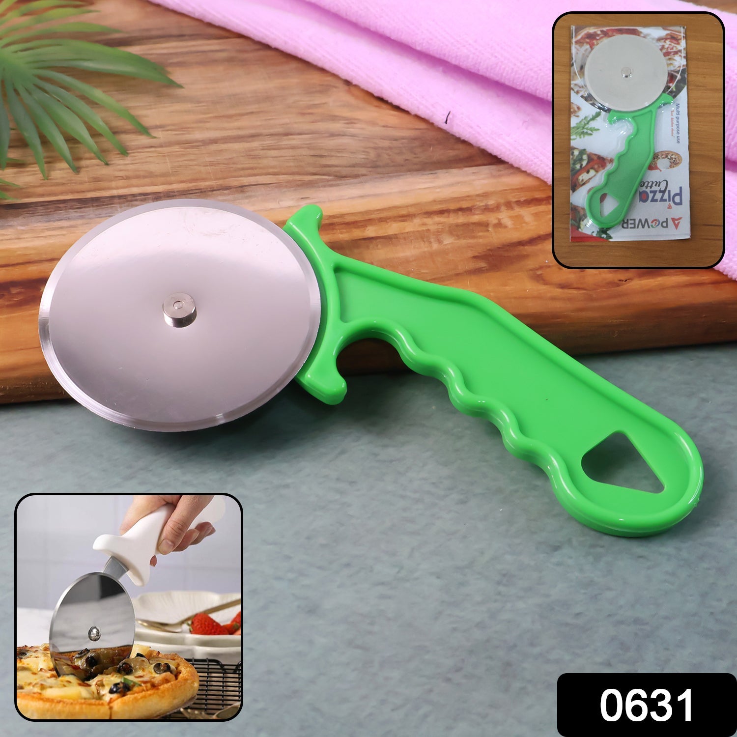 Close-up view of the sharp stainless steel wheel and comfortable handle of the Quickslice pizza cutter.