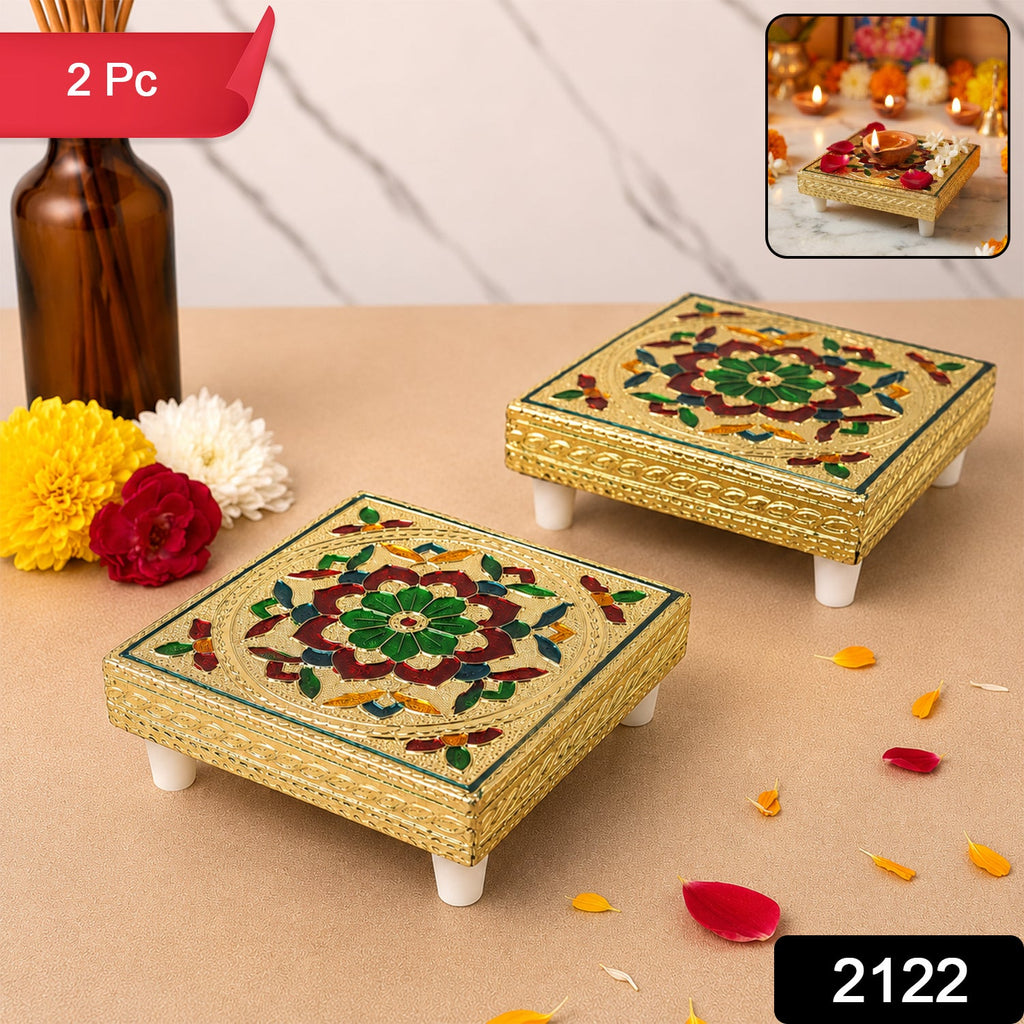 Close-up view of the intricate hand-painted patterns on a decorative wooden chowki, showcasing its artistic details.