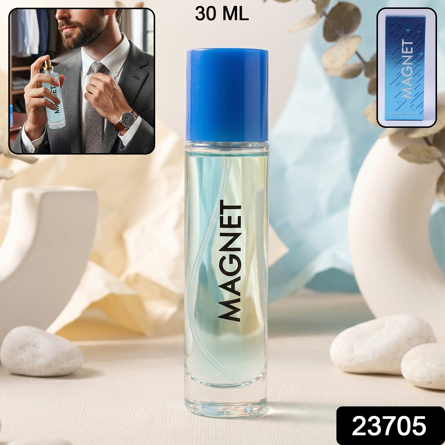 Men's Eau De Parfum spray bottle in transparent with blue cap