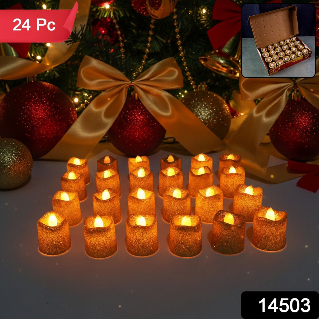 Close-up of glitter LED tealight candles showing warm flickering light
