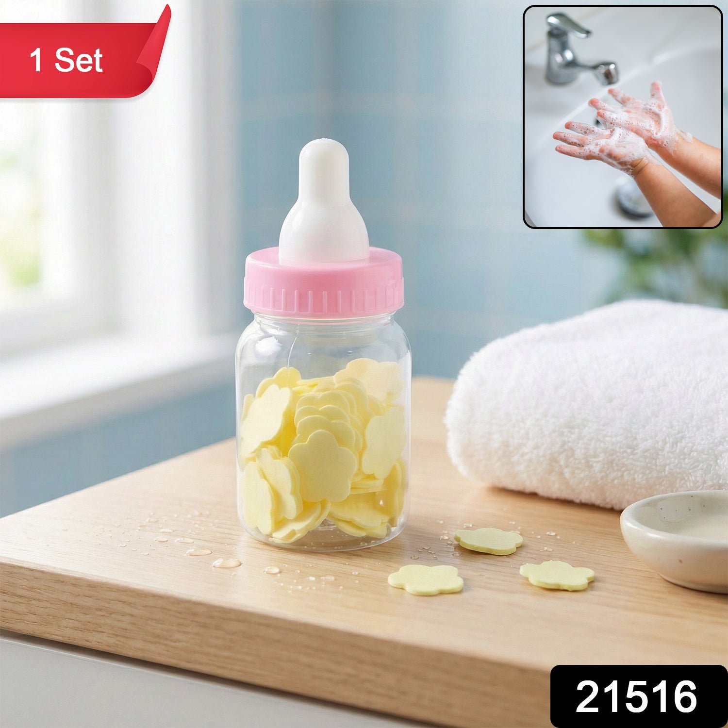 Soap paper sheets displayed with baby bottle-shaped container for travel-friendly hand wash