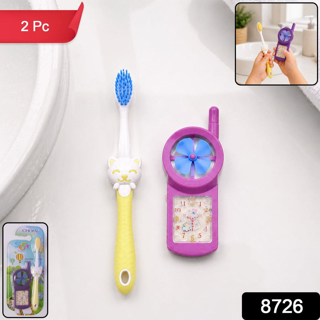 Close-up of a blue kids cartoon toothbrush with soft bristles and fan toy