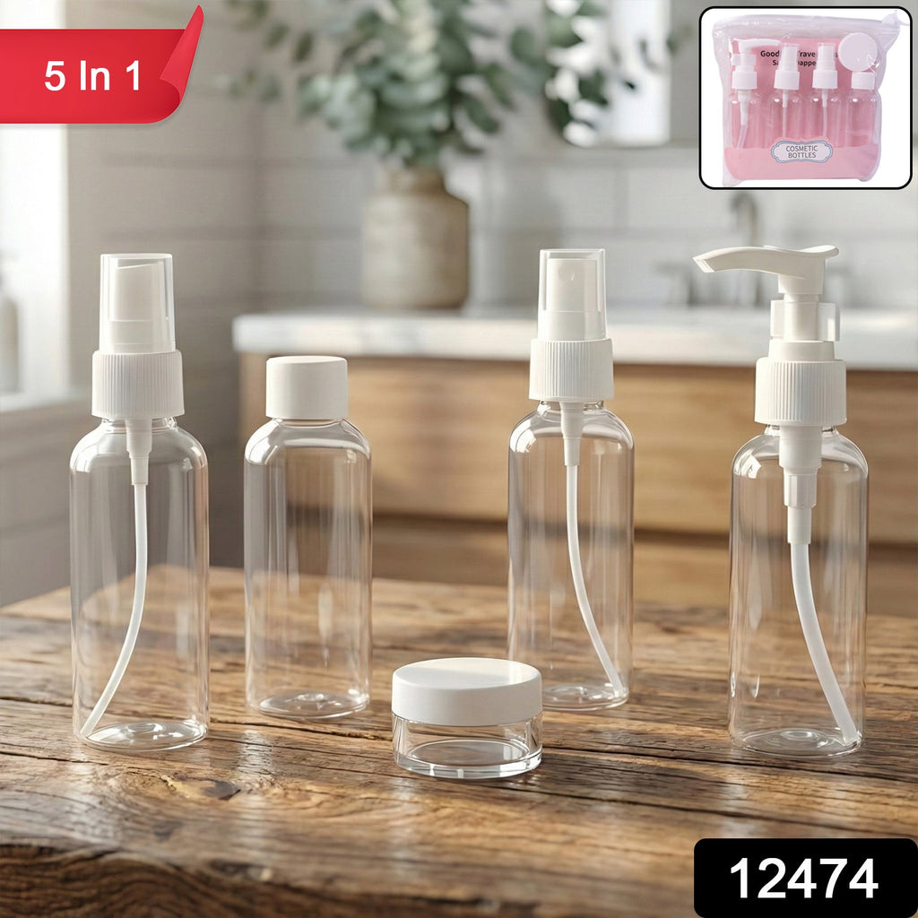 Refillable transparent travel cosmetic bottles and cream jar for toiletries