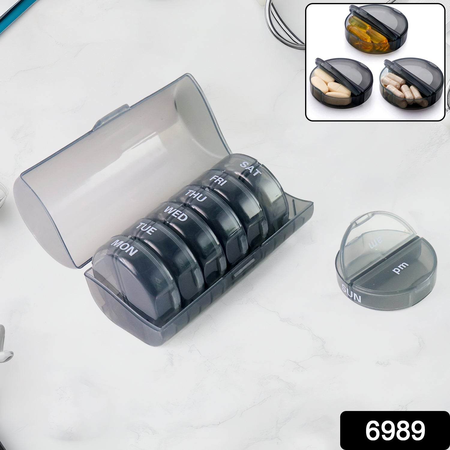 Top-down view of the FERVENT 7-day pill organizer showing all compartments and dimensions.