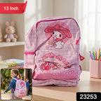 Pink kids backpack with bunny and bow design from front
