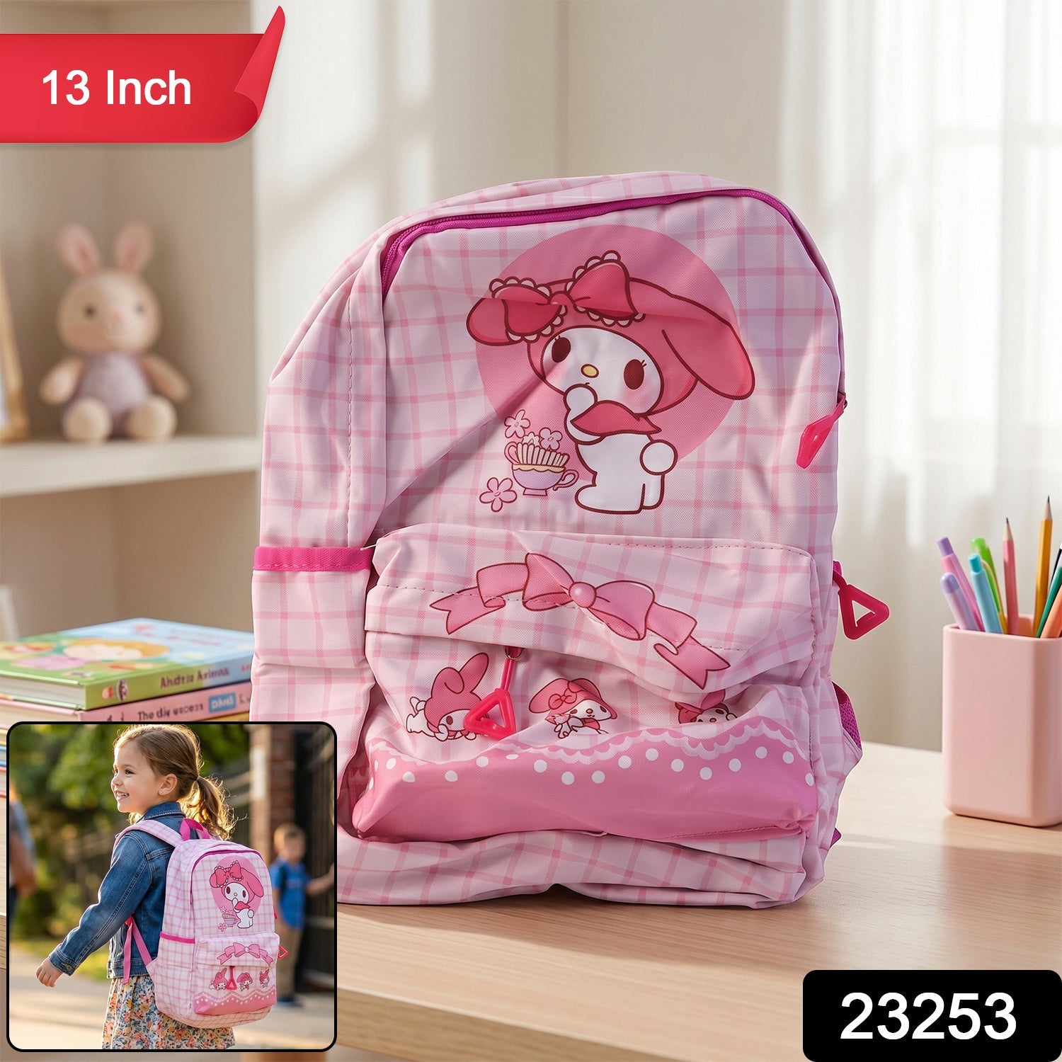 Pink kids backpack with bunny and bow design from front