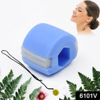 Blue jawline exerciser in its retail box with product details.