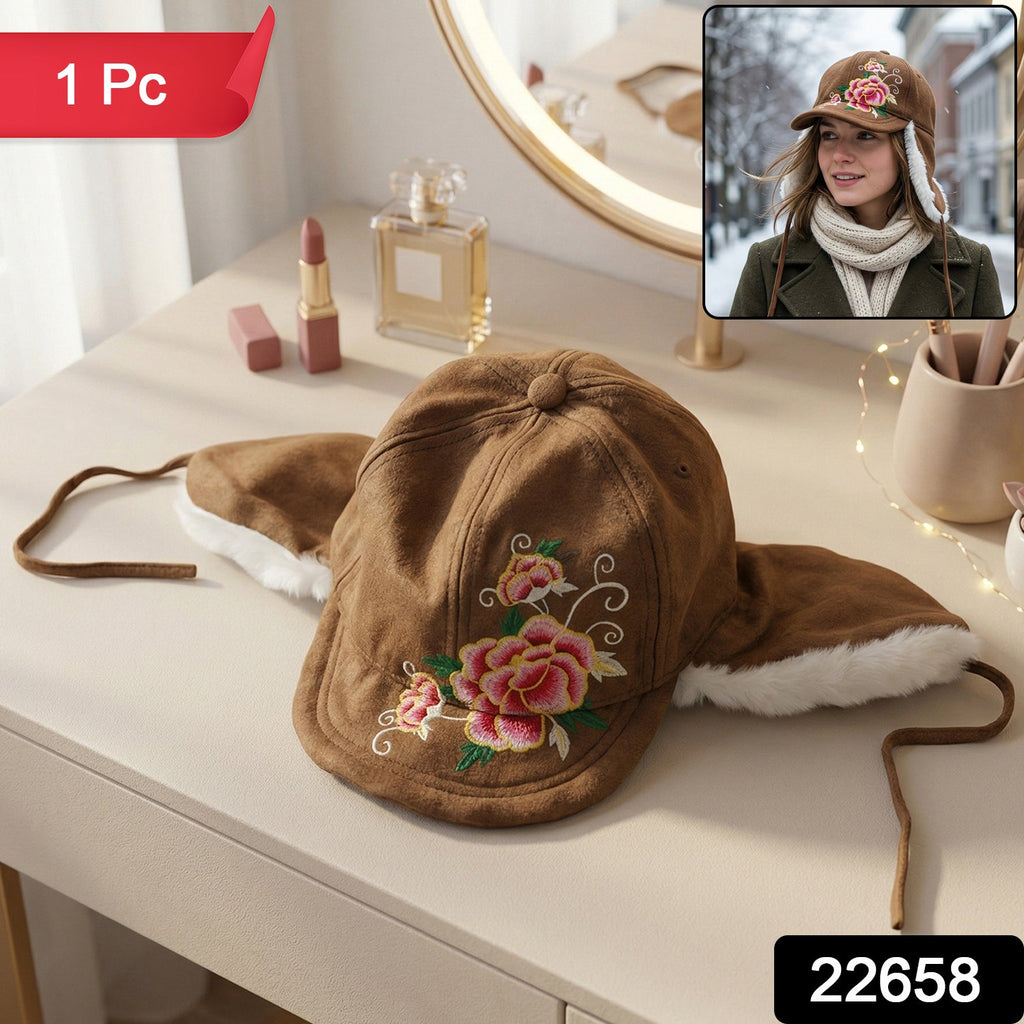 Elegant floral embroidered winter cap for women with soft fabric